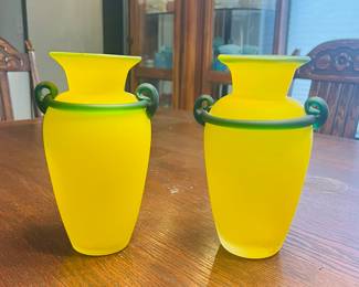 PAIR yellow and green satin glass vases