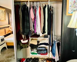 Men’s clothes—size large.
Shoes are 11.
T-shirts, polo shirts, long sleeve shirts, jackets, belts, ties, shorts, coats.
All clean and good shape