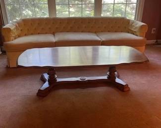 Drexel yellow velour couch and coffee table