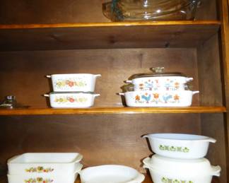 MCM Fire King Roosters & Fruit, Green Meadow baking dishes,  Corning Ware Spice & Country Festival Blue Bird.