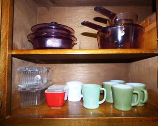 Fire King Jadeite Mug & Avocado Green Mugs, Visions Amethyst Cookware, Fire King Refrigerator Dish