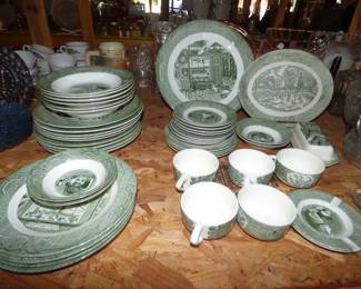 Royal Green Currier & Ives Dish Set