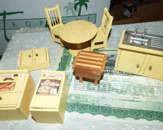 Vintage Doll House Kitchen Furniture, Appliances, Sink & Cabinets with Butcher Block