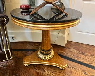 Burled wood and parcel gilt occasional table with marble top