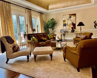 Lee Industries sofa, tufted linen chair and ottoman, pair of stunning club chairs