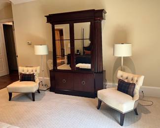 Pair of Baker Chairs in Leather w Paisley Back and Baker Armoire