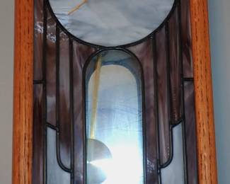 STAINED GLASS AND OAK WALL CLOCK