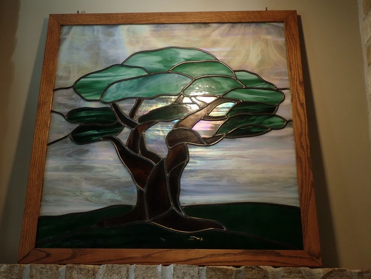 LARGE STAINED GLASS TREE OAK FRAME