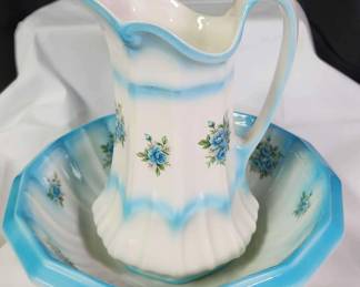 Antique Wash Pitcher Bowl with Baby Blue Flowers