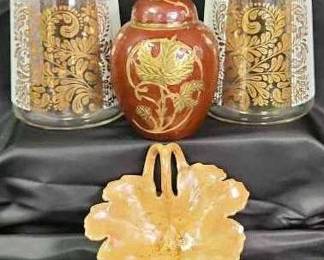 Golden Fall Decor Vintage Clear Glass W Gold Flake Painting