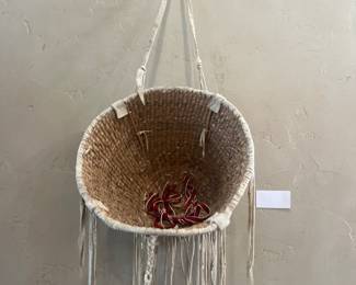 Apache burden basket with buckskin and tin
