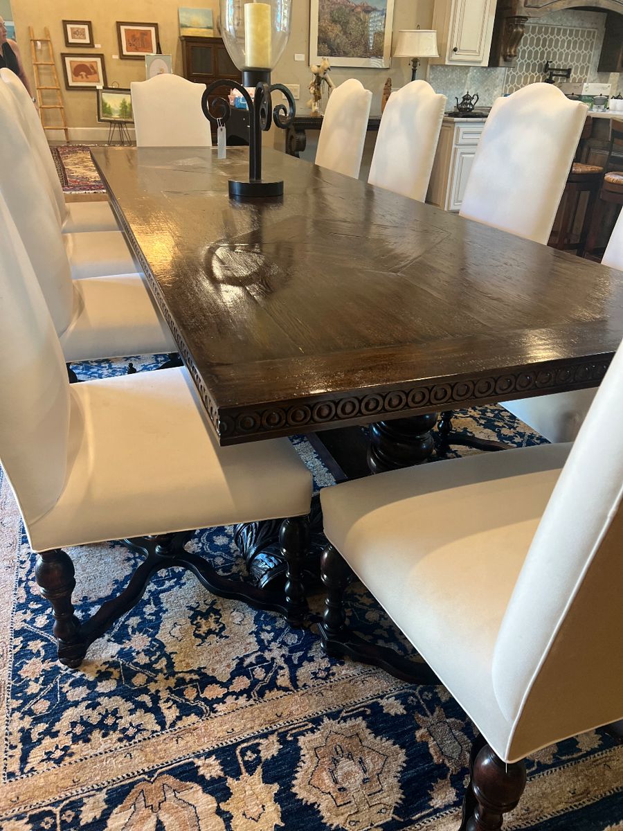 Beautiful Ambella Home 150” dining table with 10 chairs (seats 12). Absolutely stunning!