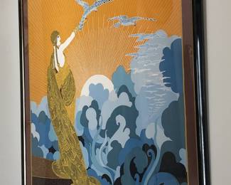 Vintage Erte "Wings of Victory" silk-screened scarf mounted and framed.