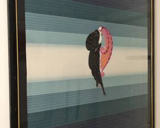 Vintage Erte "Beauty and the Beast" silk-screened scarf mounted and framed.