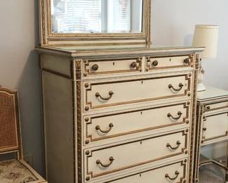 Beautiful antique Italian 6-piece painted mahogany bedroom suite with gilt decoration including this chest of drawers with mirror.