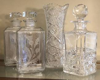 Waterford and Scottish Thistle crystal decanters.