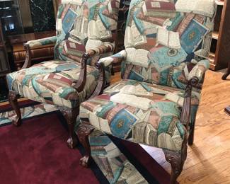 Pair of vintage Chippendale style book lover's upholstered armchairs.