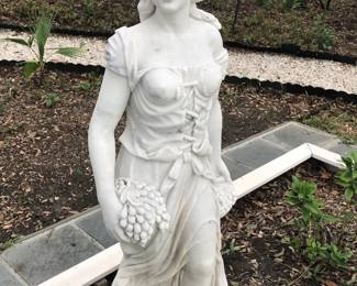 LOTS of garden statuary and planters including this Italian marble sculpture of young girl with grape clusters.