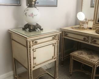 Beautiful antique Italian 6-piece painted mahogany bedroom suite with gilt decoration including this bedside table.