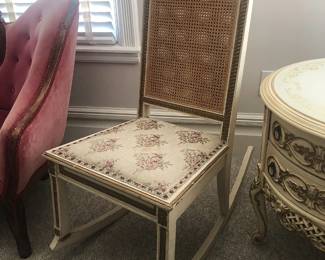 Beautiful antique Italian 6-piece painted mahogany bedroom suite with gilt decoration including this rocking chair.