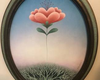 Whimsical Wilma Langhamer oil on board depiction of a blossoming flower.