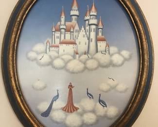 Whimsical Wilma Langhamer oil on board depiction of a woman serenading a prince in a castle.