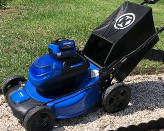 LOTS of lawn and garden equipment including this Kobalt battery-powered lawn mower in excellent condition.