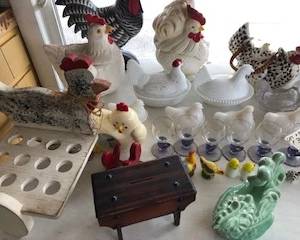milk glass and other collectible chickens
