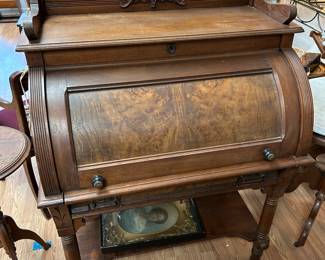 Antique 19th Century Mahogany Renaissance Revival Banker's Cylinder Secretary Desk