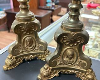 Pair of Vintage Antique Victorian Style Altar Candlesticks with Figural Bases