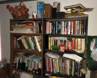 Bookcase and some books in garage.  Huge number of craft books, beading, quilting, sewing, embroidery, art, all kinds.
