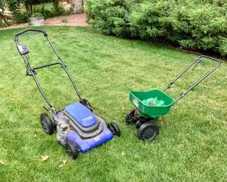  Kobalt Electric Lawn Mower and Scotts Turf Builder Mini Spreader