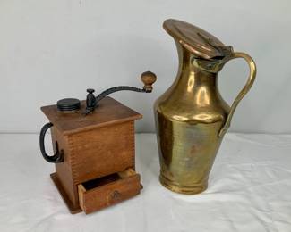 Vintage Coffee Mill, Brass-Like Pitcher
