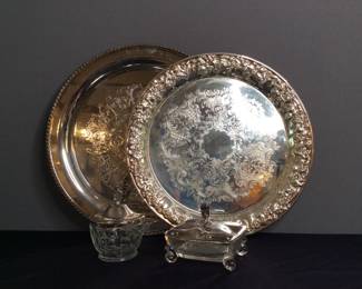 Silver Plated Trays and Glass Dishes with Lids
