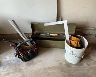 Tool Chest, Bucket, and Canvas Case Full of Tools
