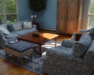 Blue and White Excellent Condition Sofa And 2 Club Chairs Down Cushions.....Very Comfortable. Excellent bone structure. Wood Coffee Table
