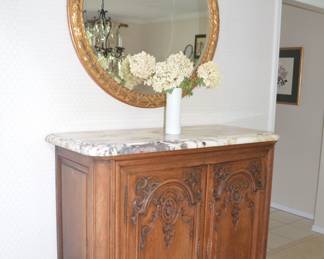 Antique Console Curio Cabinet Marble Top. Round Mirror
