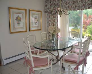 Glass Table with Metal base plus 6 arm wood chairs