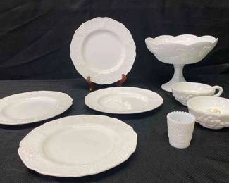 Grape Vine Milk Glass Plates, Server And Candle Stick Holders 