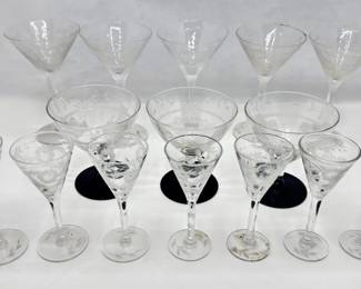 Vintage Etched Glass Wine Glasses & Cordials In 3 Sizes (15 Pieces) Matches Lot 58
Lot #: 57