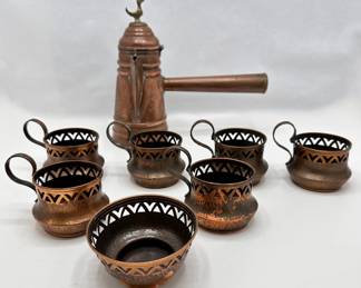 1960s Copper Clad Coffee Pot With Arabic Signature & 6 Oppenheim Copper Cups From Israel
Lot #: 69