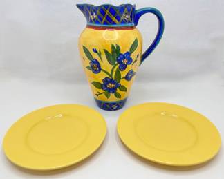 Linda Raffel Hand Painted Pitcher For Centrum, France & 2 Yellow Plates
Lot #: 44