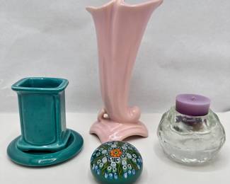 Vintage 1950s Pink Vase, Small Green Vase With Coaster, Glass Candle Holder & Italian Millefiori Paper Weight
Lot #: 131