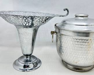 Mid Century Modern Hammered Aluminum Ice Bucket With Lid, Italy & Vintage Metal Vase
Lot #: 38