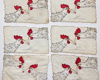 Set 6 1950s Hand Embroidered Cocktail Napkins With Chickens Sharing Martini
Lot #: 113