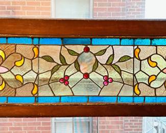 Vintage Stained Glass Window With Wood Frame And Hooks For Hanging
Lot #: 2