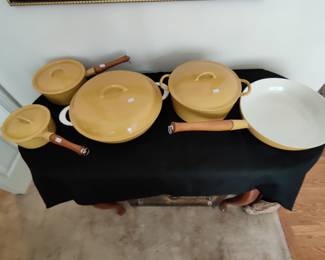 Vintage Descoware Belgium Mustard Gold Enamel Cast Oval Roaster Dutch Oven & Lid, 2 Types of saucepans w/lids & skillet - Priced Individually