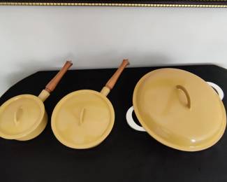 Vintage Descoware Belgium Mustard Gold Enamel Cast Oval Roaster Dutch Oven & Lid, 2 Types of saucepans w/lids & skillet - Priced Individually