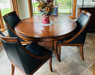 New Classic Furniture by Aspen, Round Table, Self Storing Leafs, Burnished Cherry with 4 Chairs 
