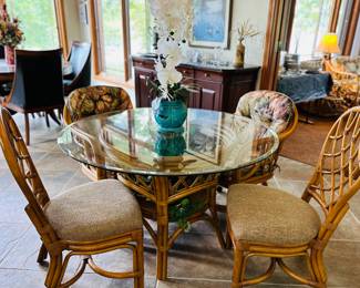 Glass top Table on Rattan Base and 4 Chairs 